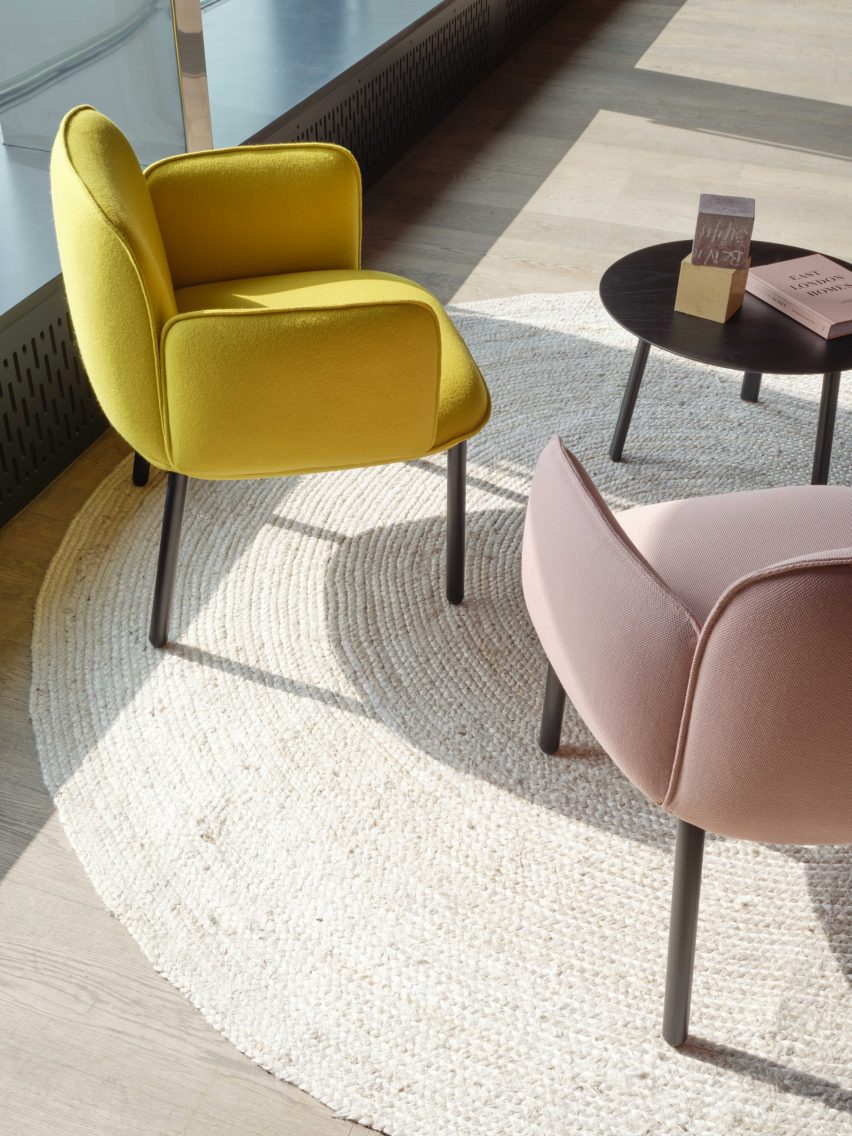 Image of a yellow and pink Plum chair on top of a rug