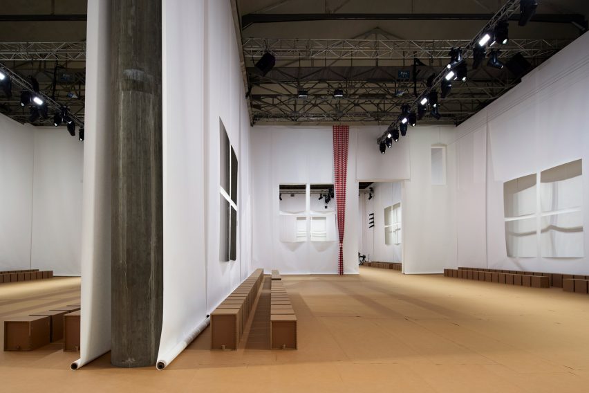 Interior image of the Prada Spring Summer 2023 menswear show space by AMO