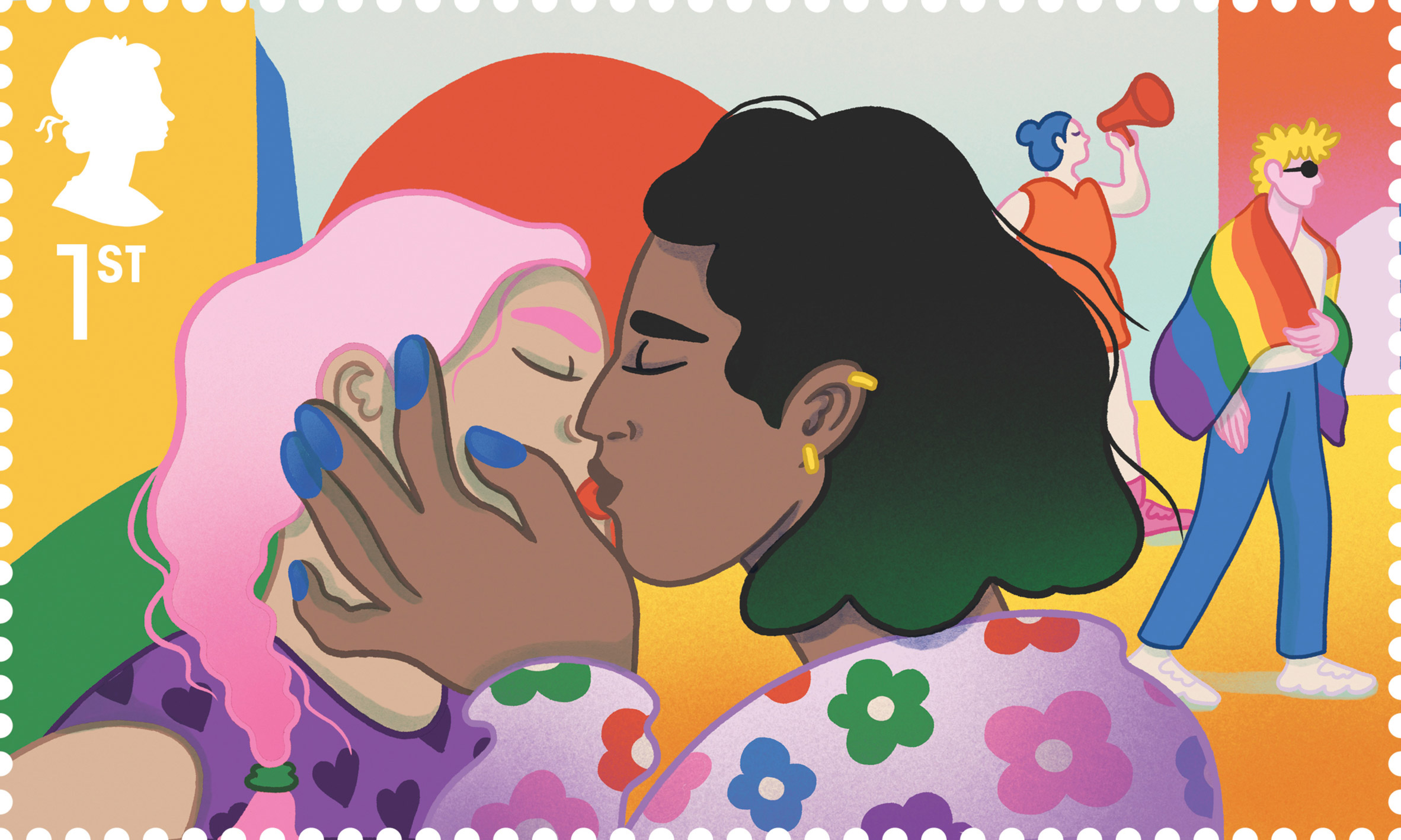 An illustration of a lesbian couple kissing