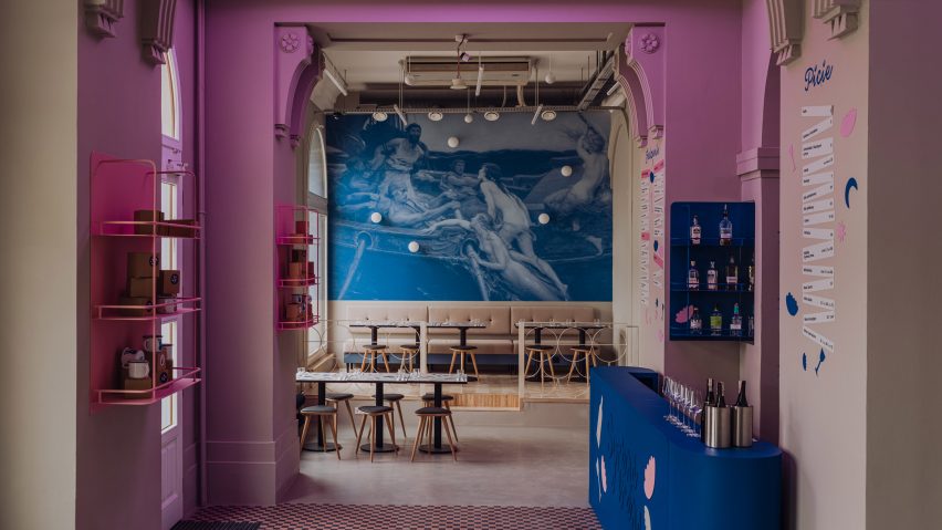 Interior of Syrena Irena pierogi restaurant in Warsaw by Projekt Praga with purple neon lighting
