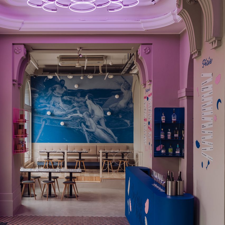 Interior of Syrena Irena pierogi restaurant in Warsaw by Projekt Praga with purple neon lighting