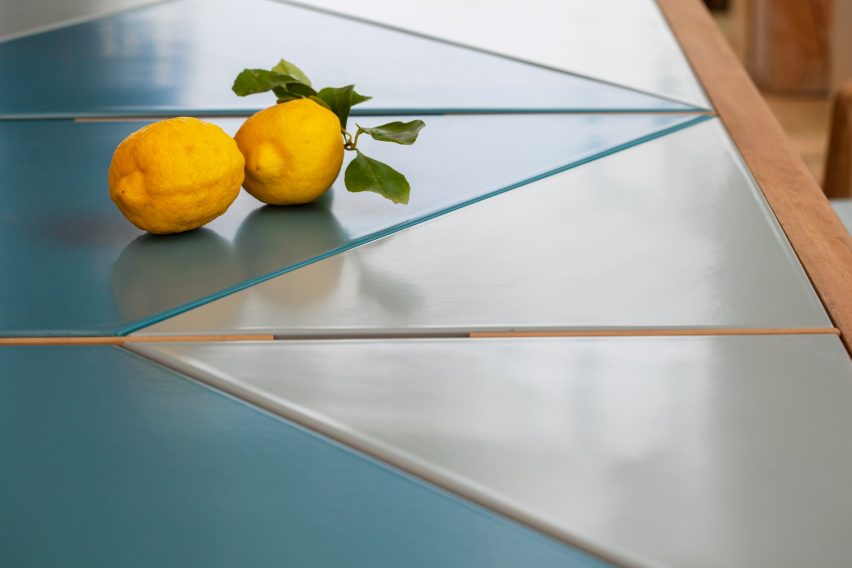 A two tone blue stone table top