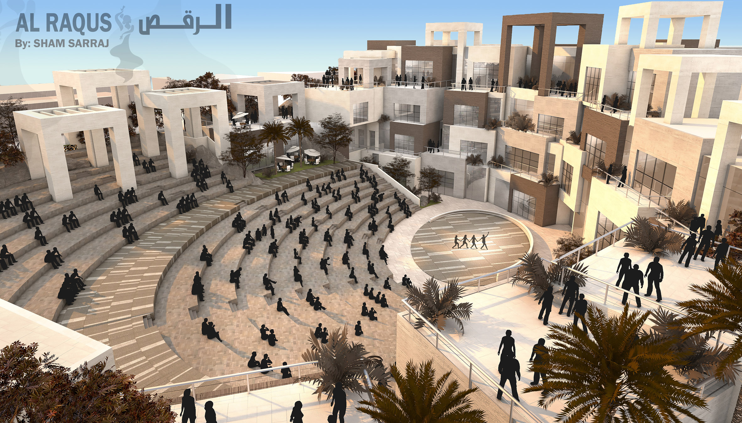 Outdoor amphitheatre design with a circular stage and square buildings
