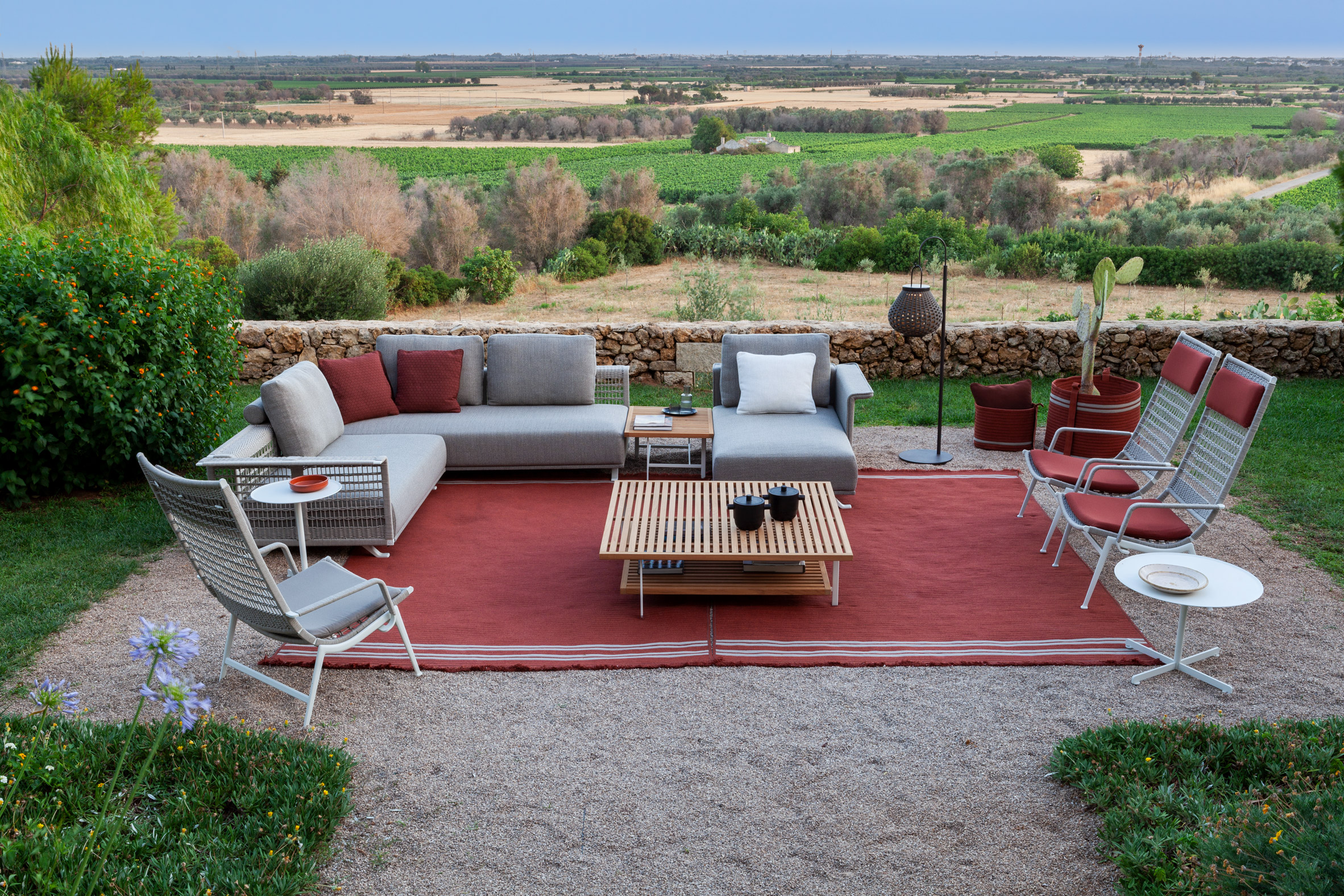 Poltrona Frau's Solaria sofa and armchairs in the countryside
