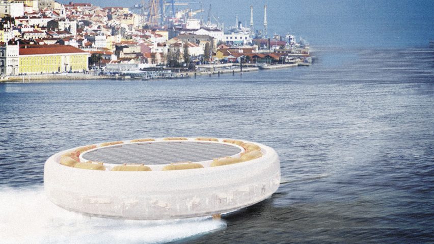 Autonomous solar-powered ferry moving across the Tagus river