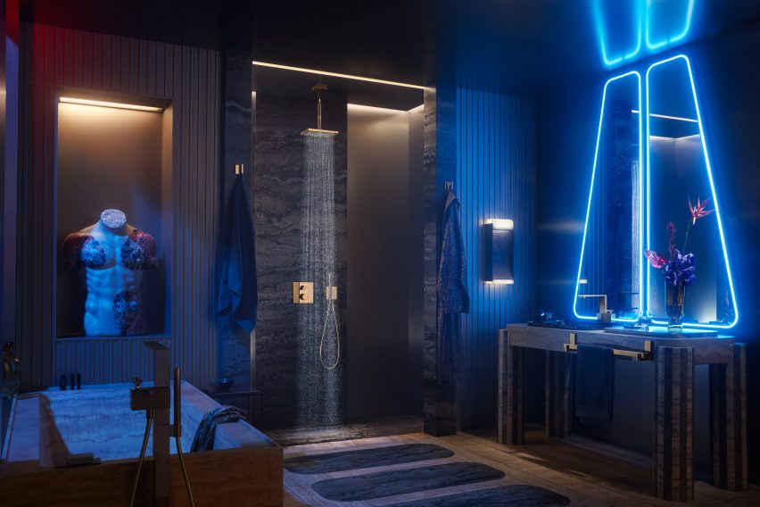 Blade Runner-inspired bathroom with neon-lit mirror