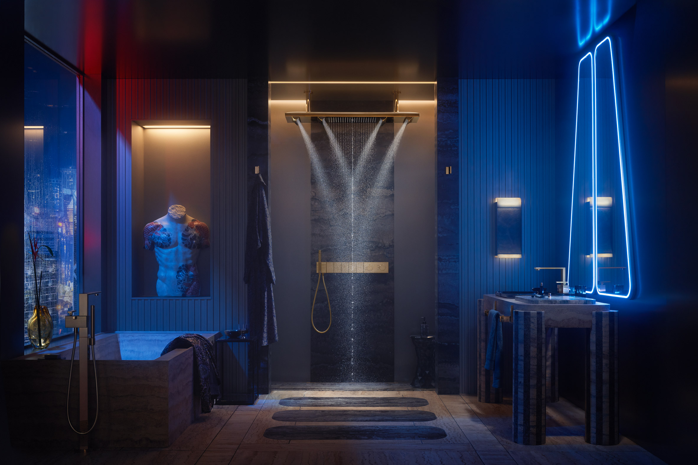 Dark, neon-lit bathroom concept by Tristan Auer