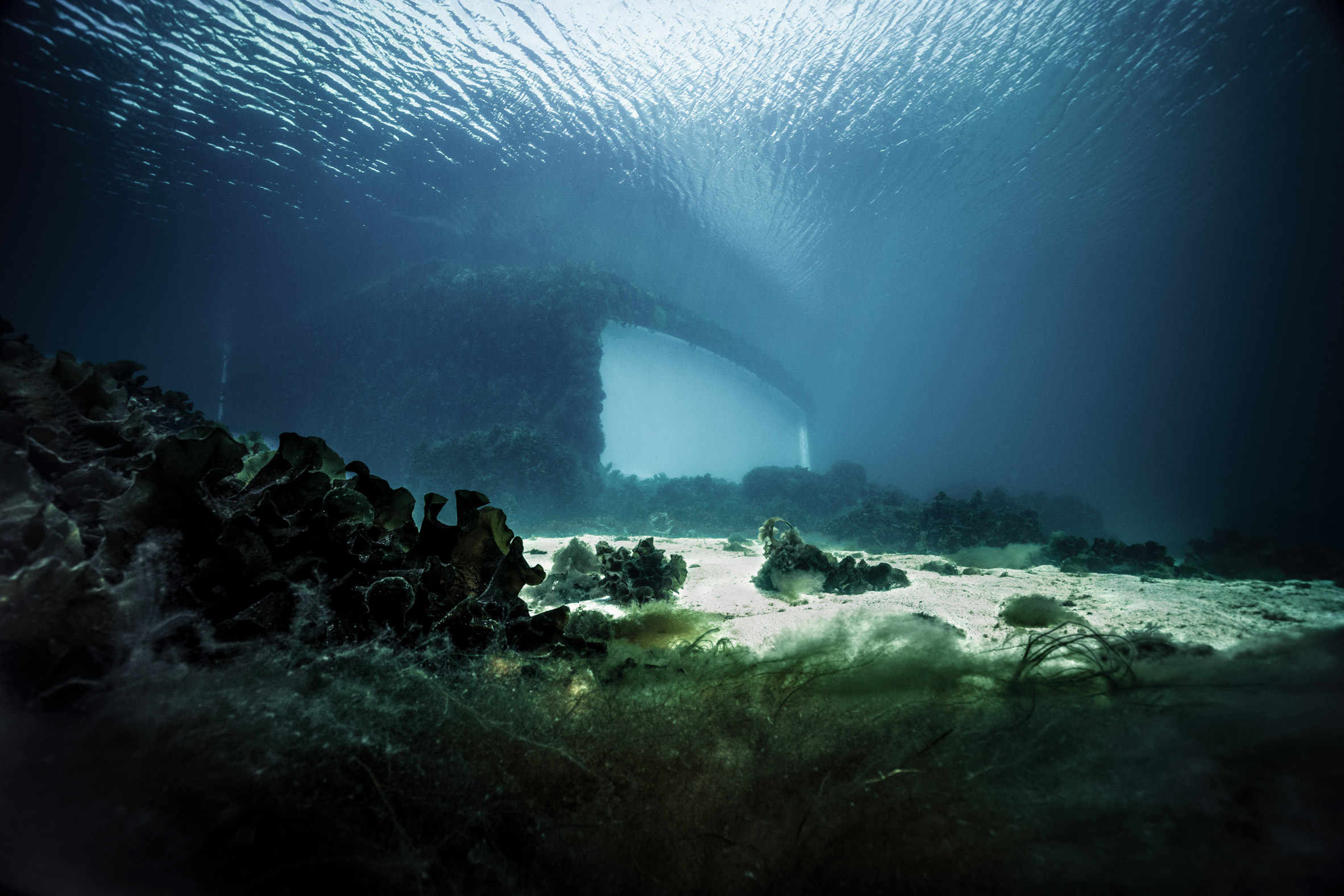 Underwater restaurant in Norway viewed from seabed