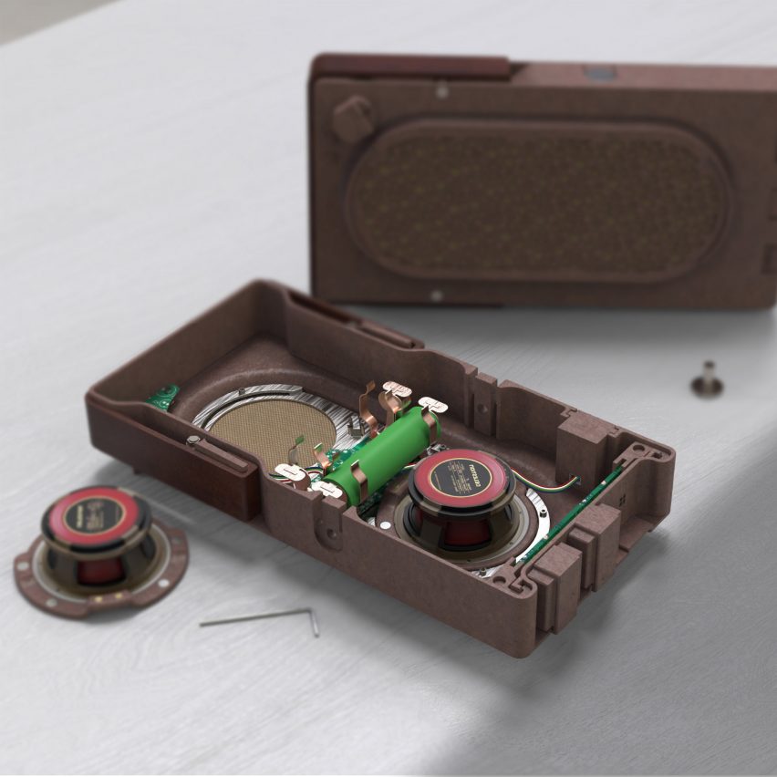 Brown student-designed speaker being disassembled