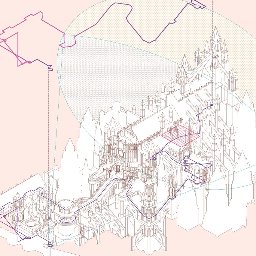 Architectural drawing of a path in a video game