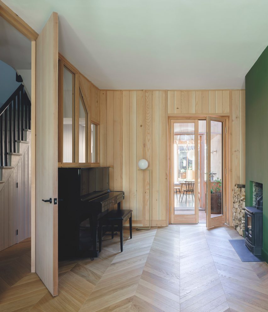 Living space with wood panelling