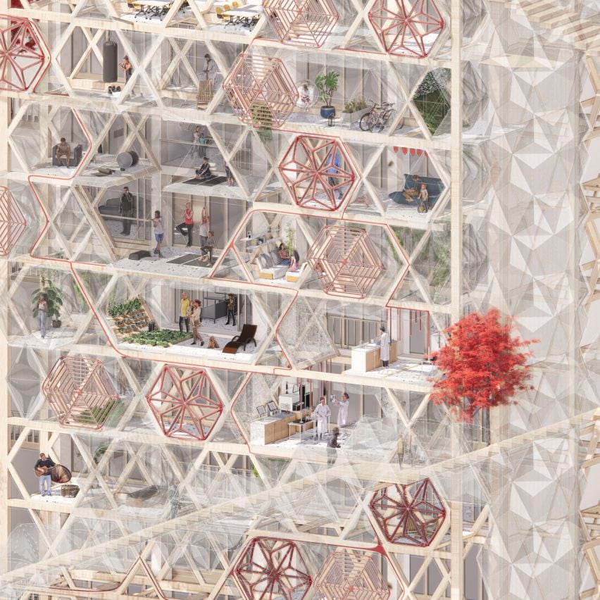 An illustration image that uses red algae to power the building 