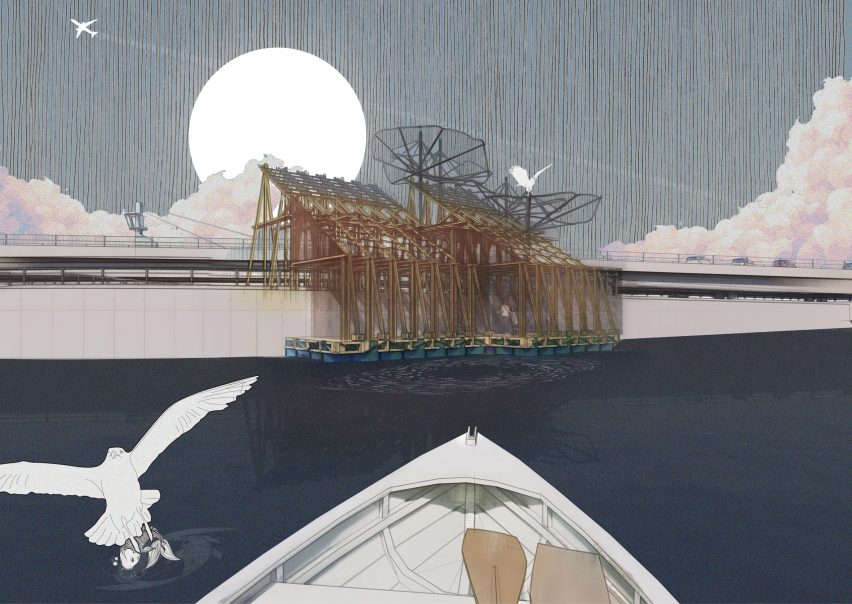 Collage image of the edge of a boat in water with a building and a bird