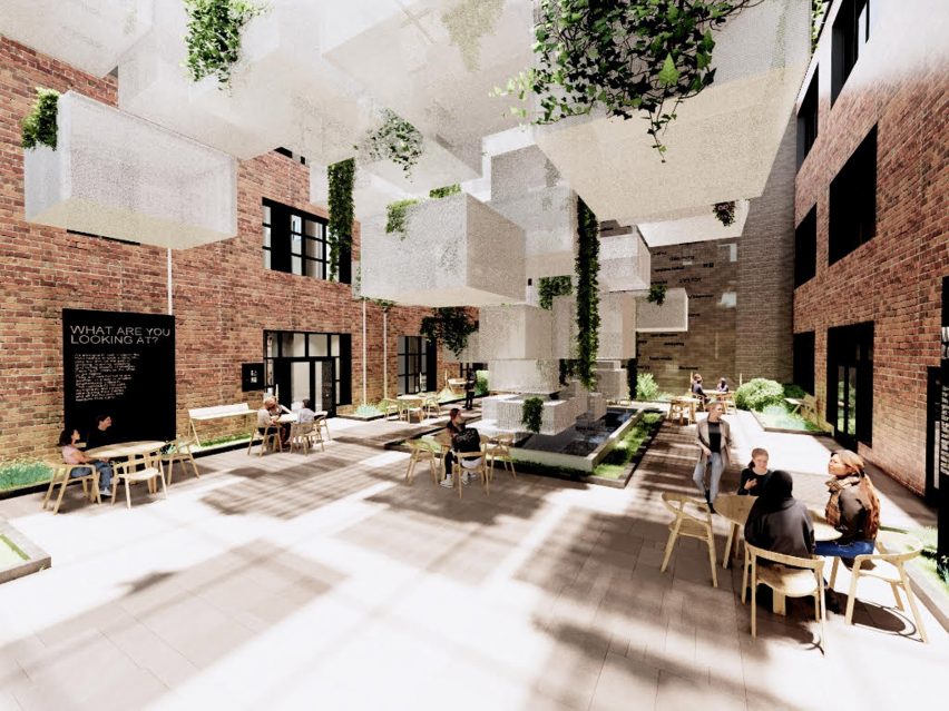 Interior render of a brick communal space with tables and chairs