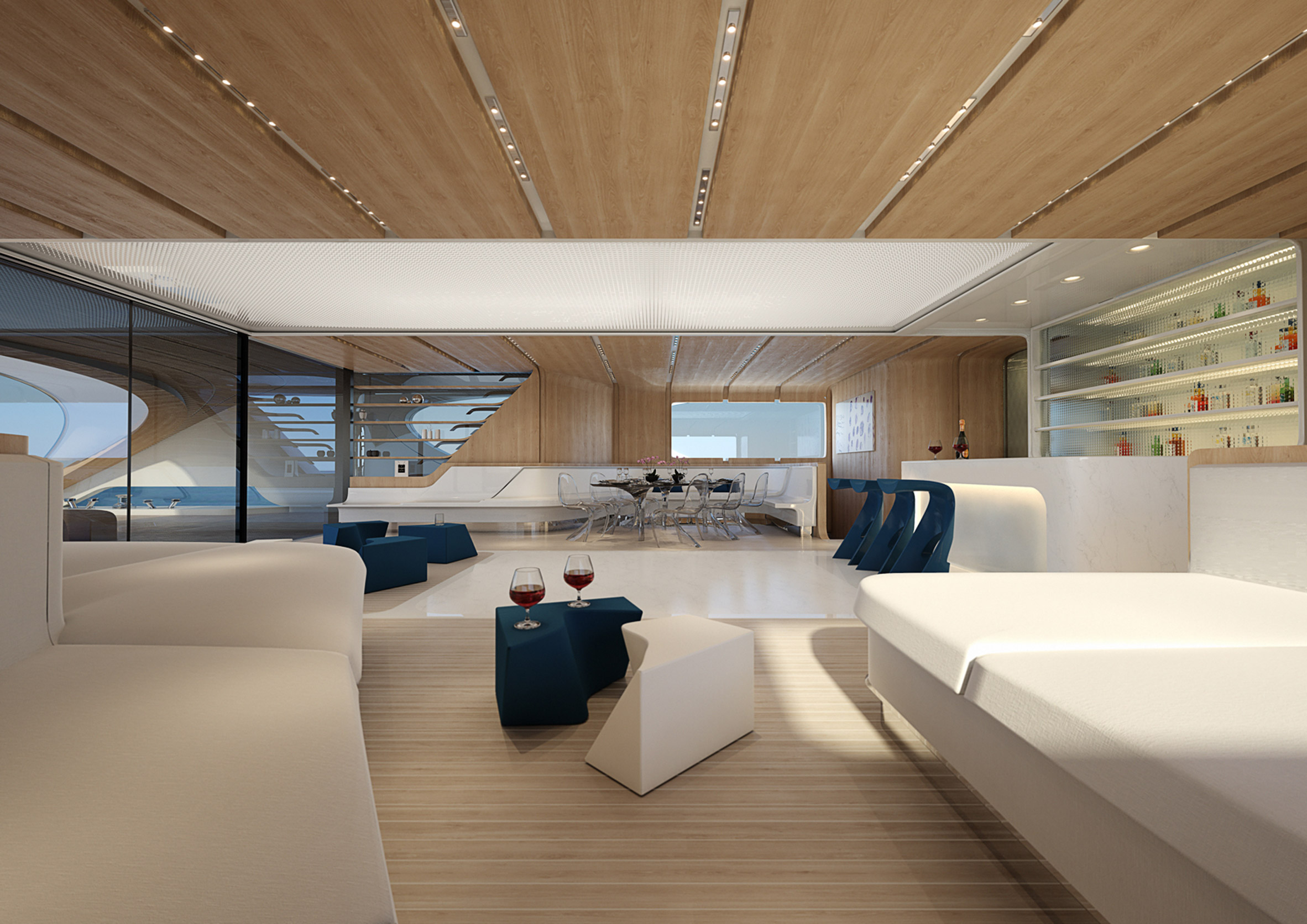 El interior del yate diseñado por Zaha Hadid Architects