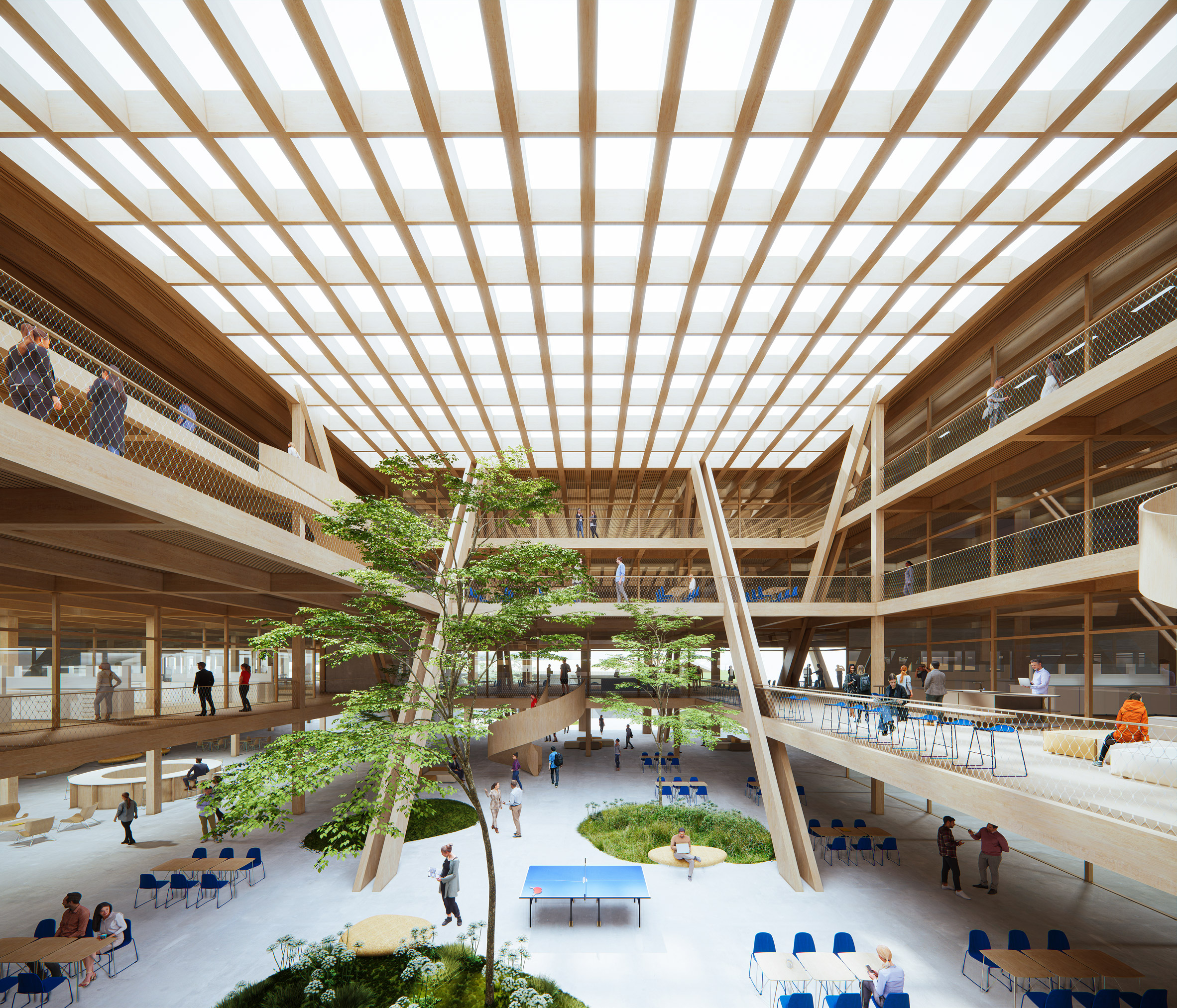 Trees and green spaces inside 3XN's timber and glass Ecotope structure