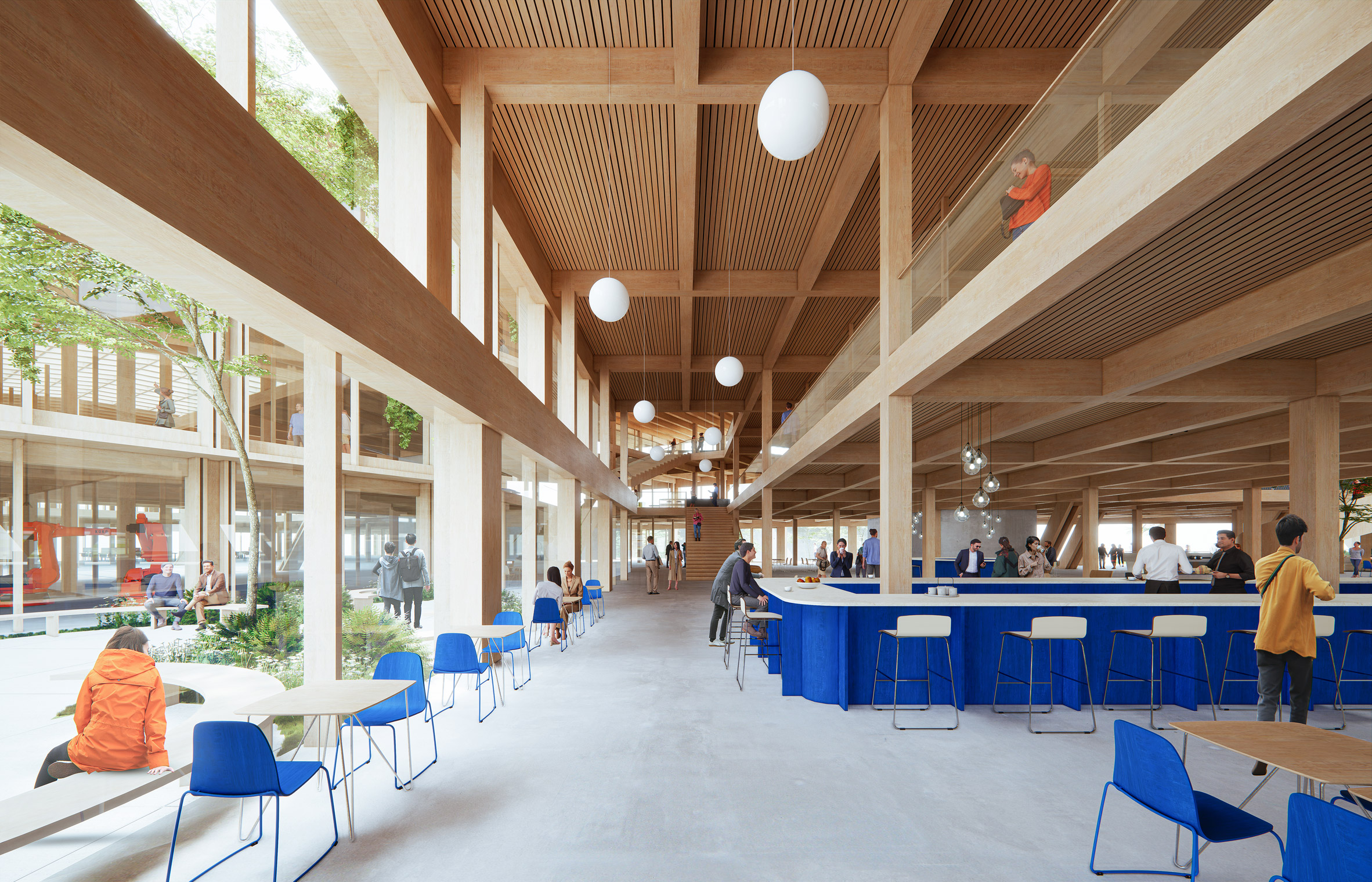 Multiple levels in timber building with seating and floor-to-ceiling windows