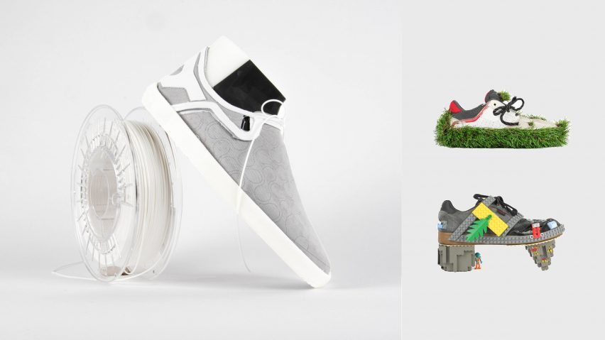 Skate shoes with string, grass and building bricks