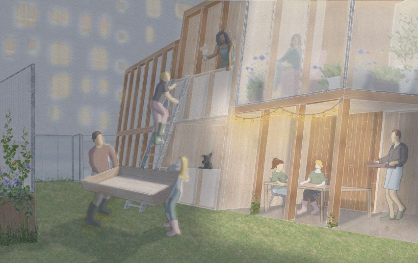 A representation of communal housing, with ladders leading upstairs, a dining table and green space
