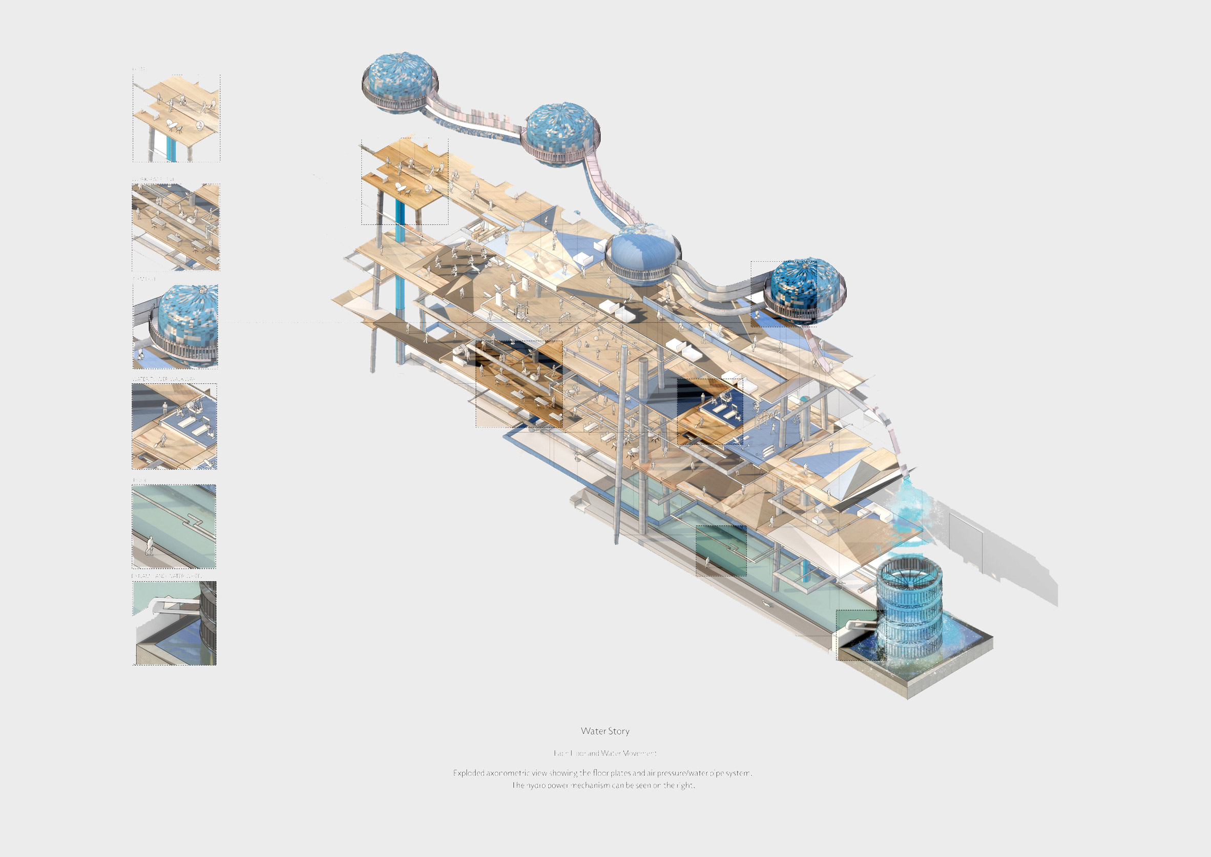Illustrated architectural drawing of a hydropower system with close up detail drawings