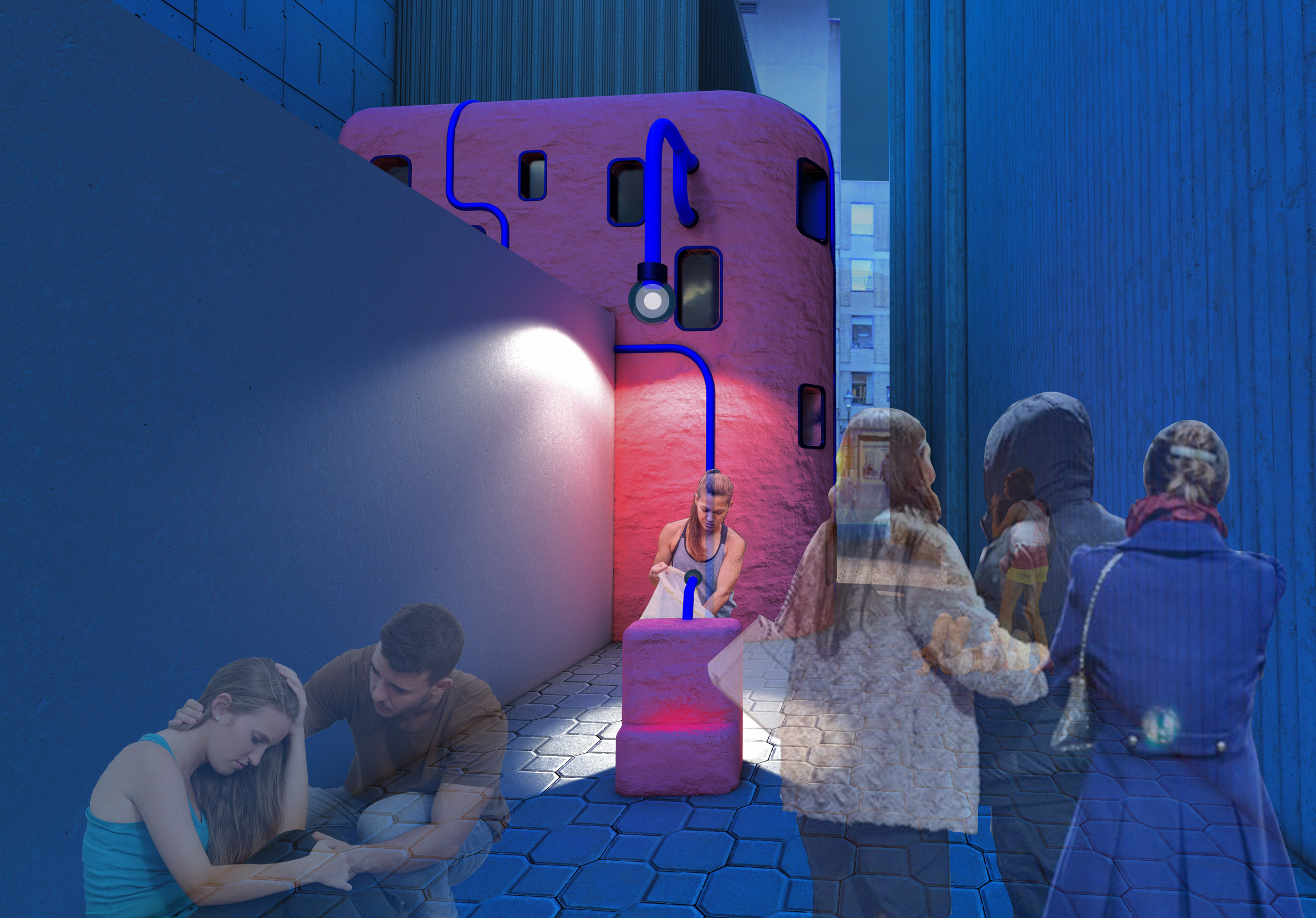 Visualisation of a compact burrito restaurant selling food in a small alleyway at night