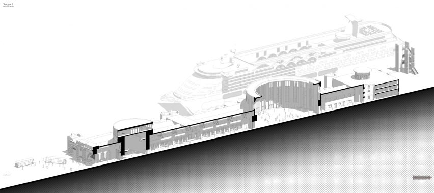 A render of a cruise ship terminal