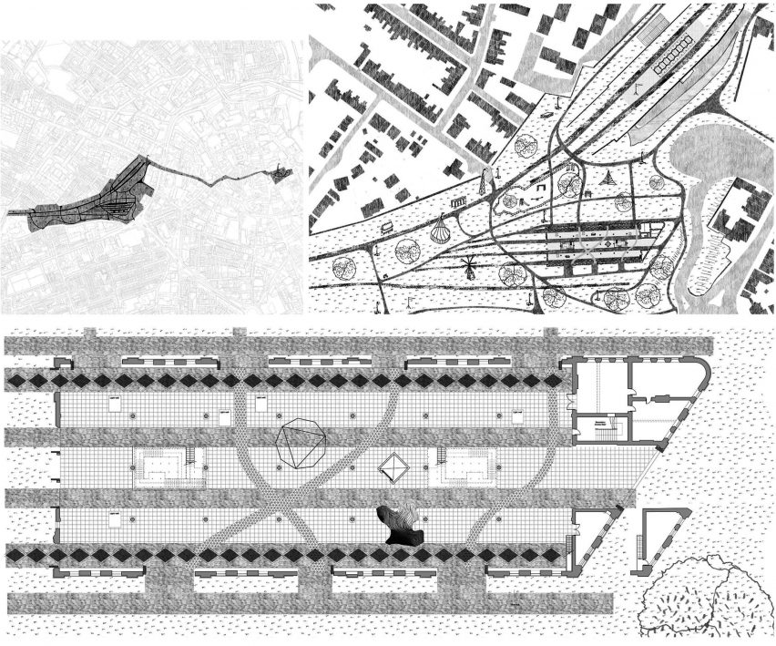 An illustration of ornamental plans from an urban scale to building scale inspired by train tracks, organic paths and ad hoc structures