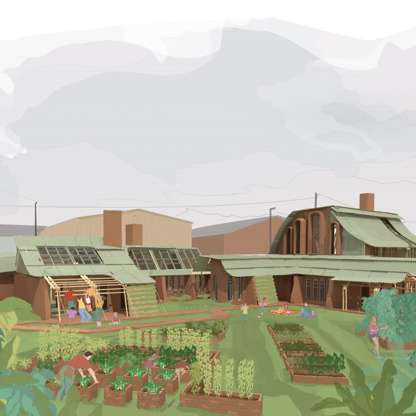 An image of an Irish traveller's community complex with vegetable gardens