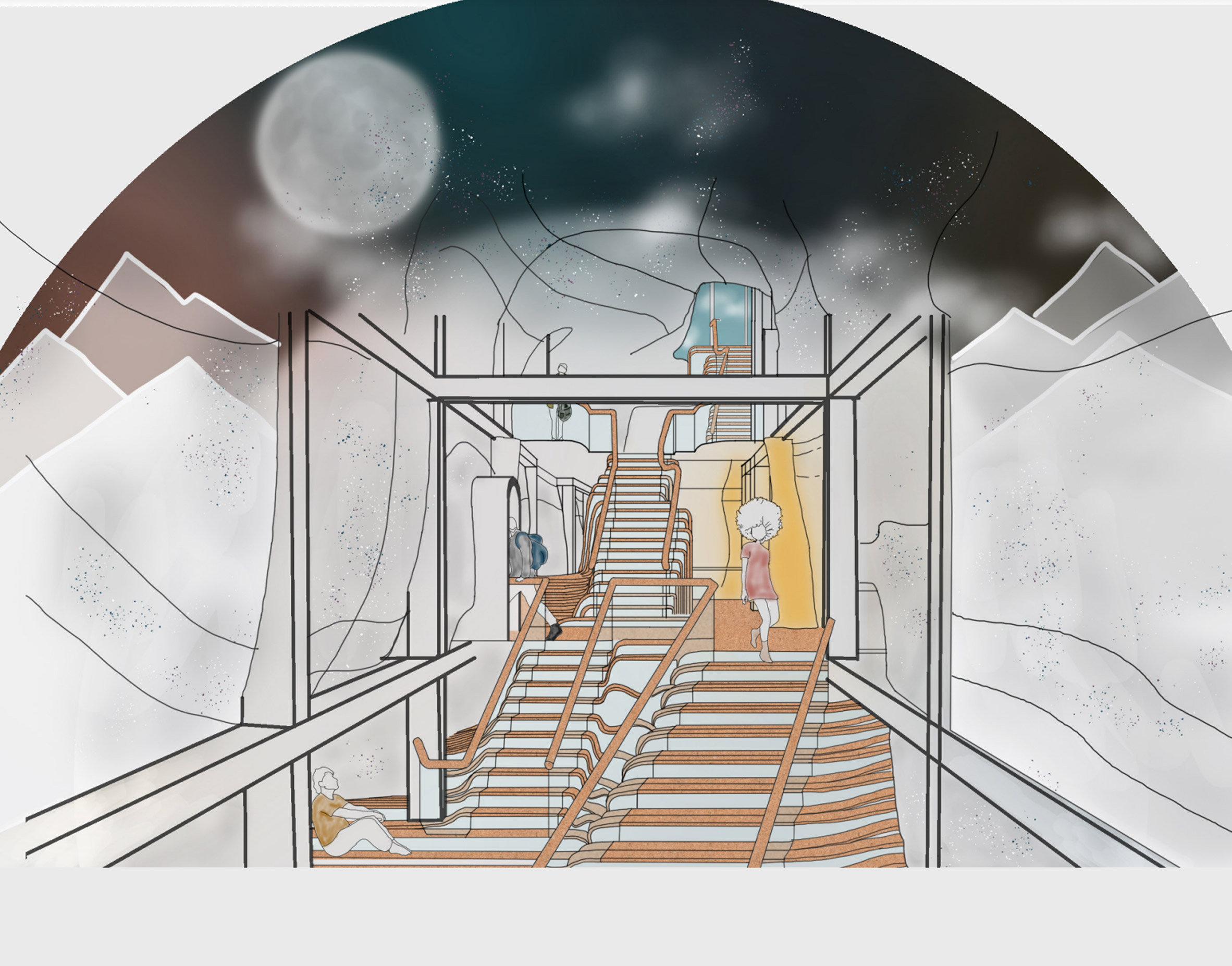 A digital illustration of an ethereal hostel for travellers, with the moon pictured in the background