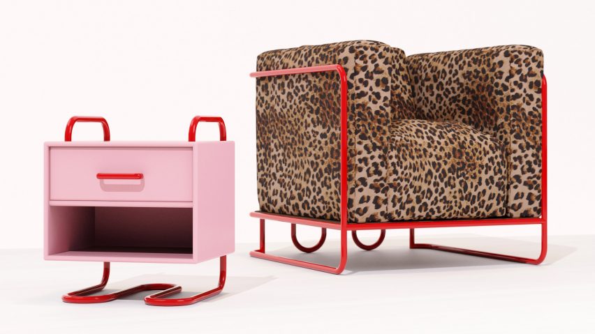 Photograph showing pink and red side table and leopard print and red armchair on white backdrop