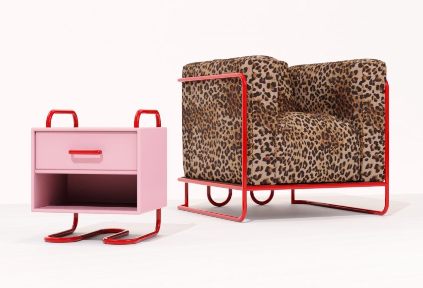 Photograph showing pink and red side table and leopard print and red armchair on white backdrop