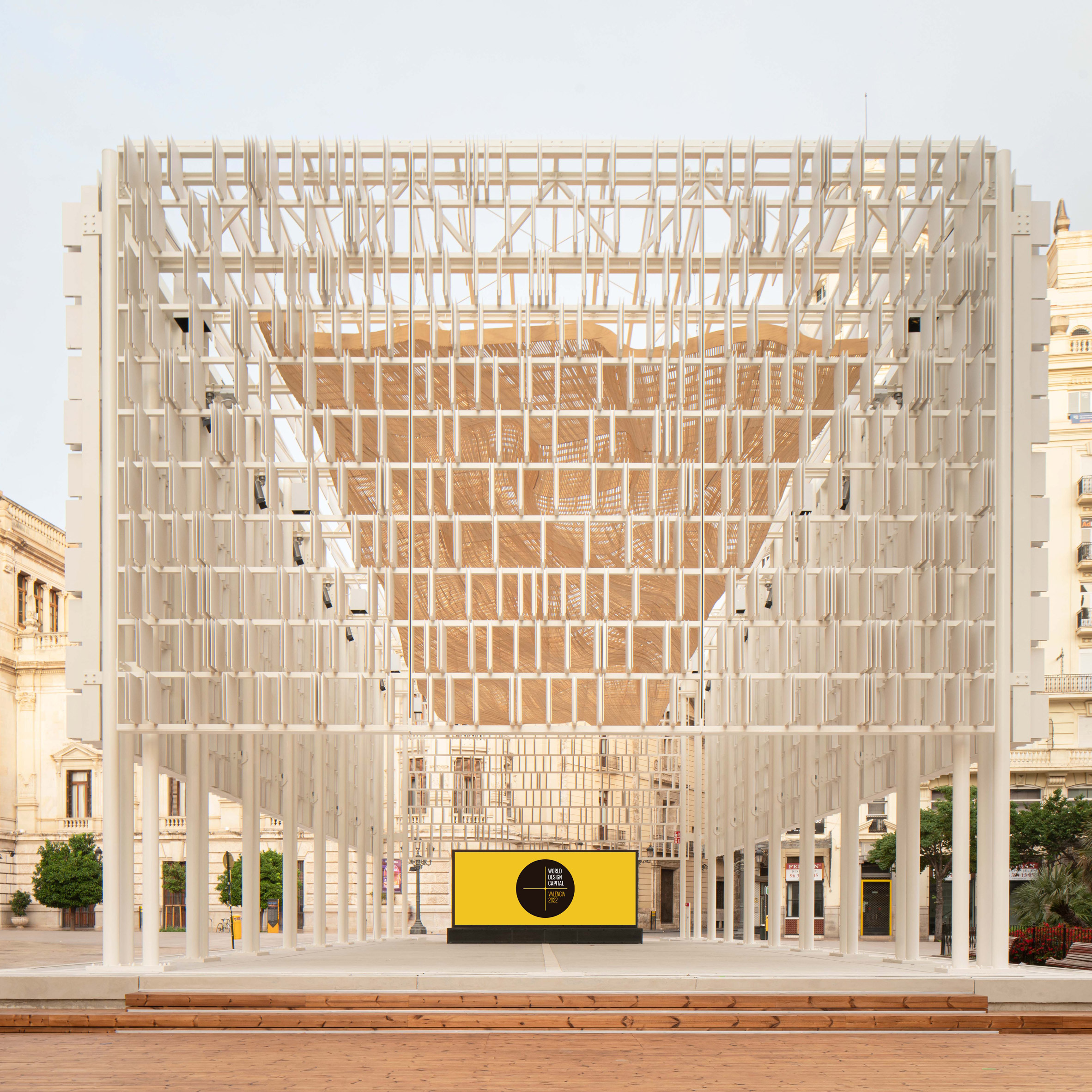 A photograph of the white pavilion structure Àgora València