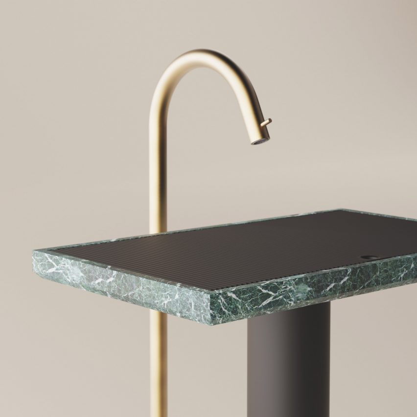 Green Ell washbasin with freestanding gold tap