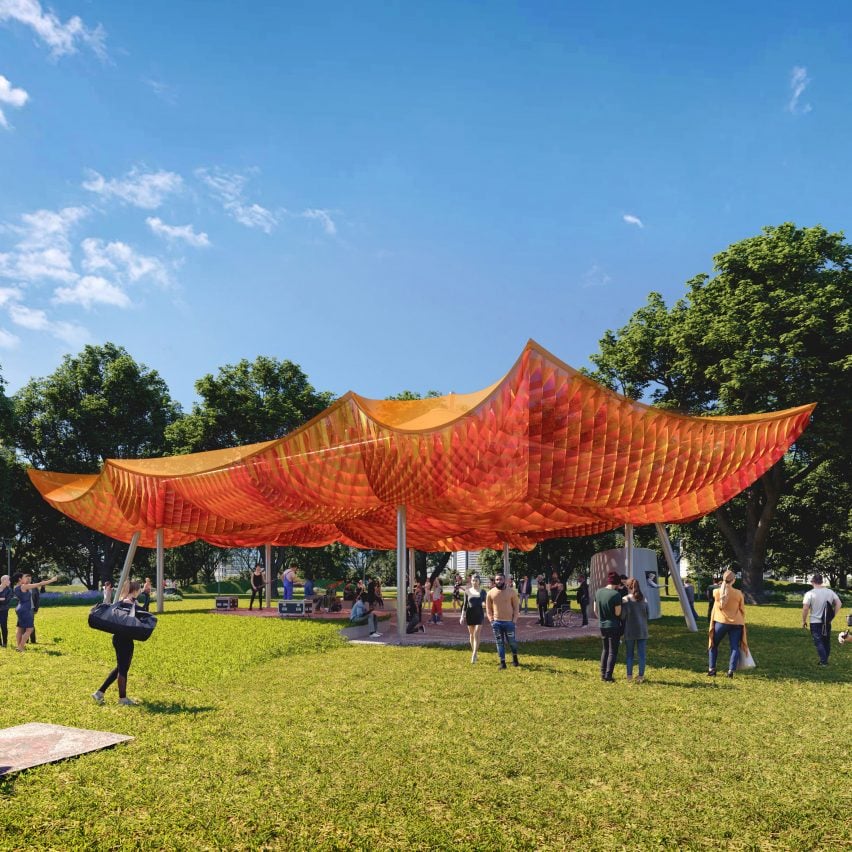 Render of the orange fabric MPavilion by All(zone)