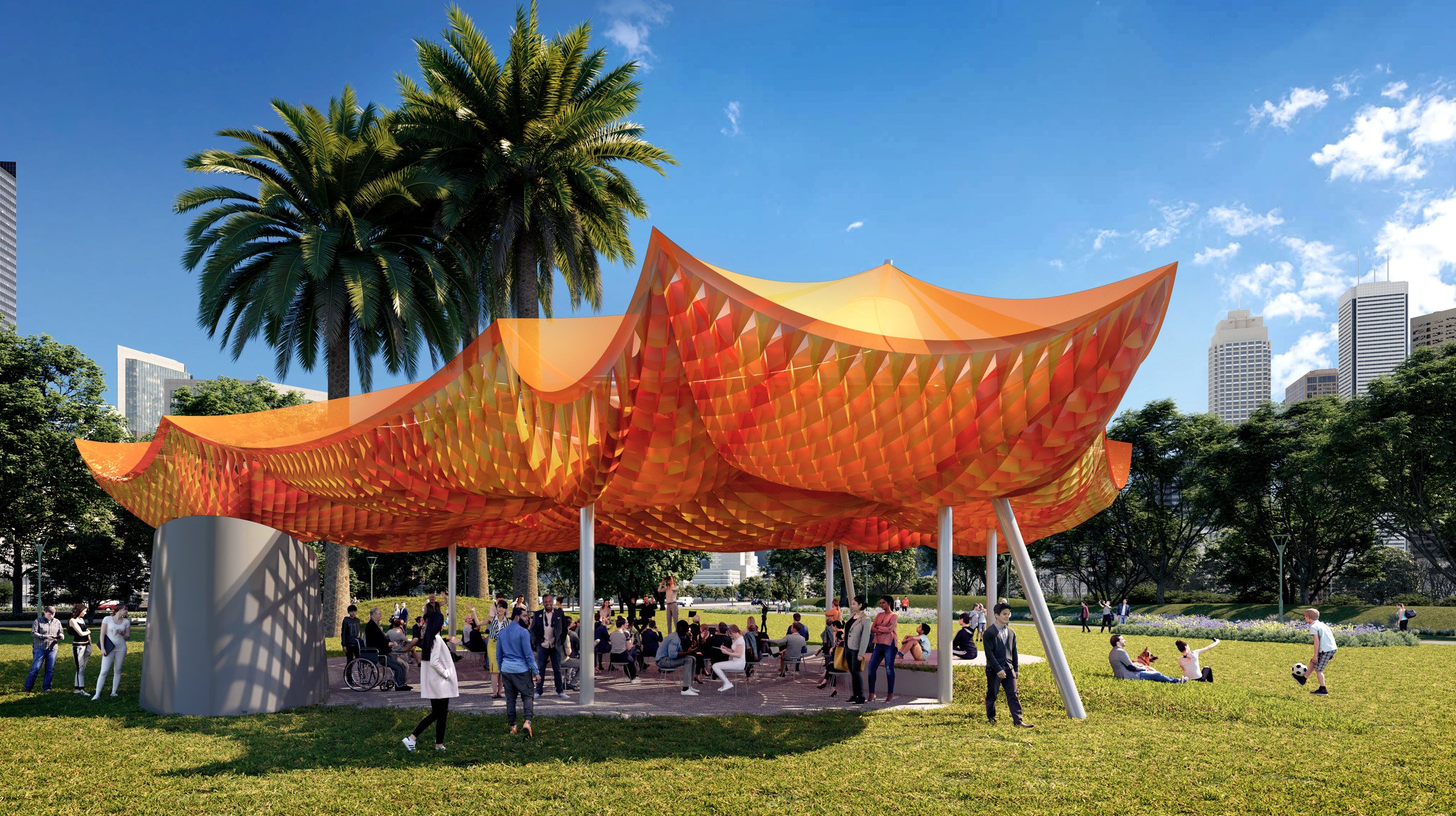 Render of people using the MPavilion during summer