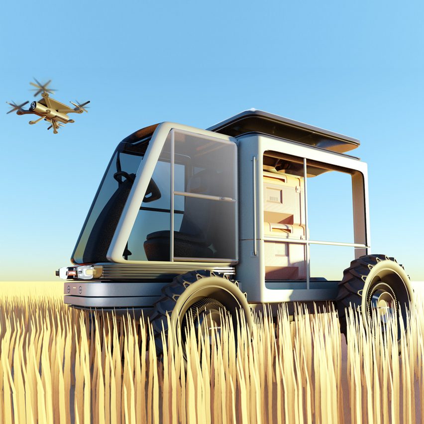 A Multi-Utility Farming Vehicle in a wheat field with a drone flying above