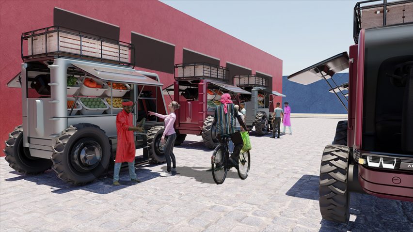 Multi-Utility Farming Vehicles being used as pop-up markets to sell fruit and vegetables