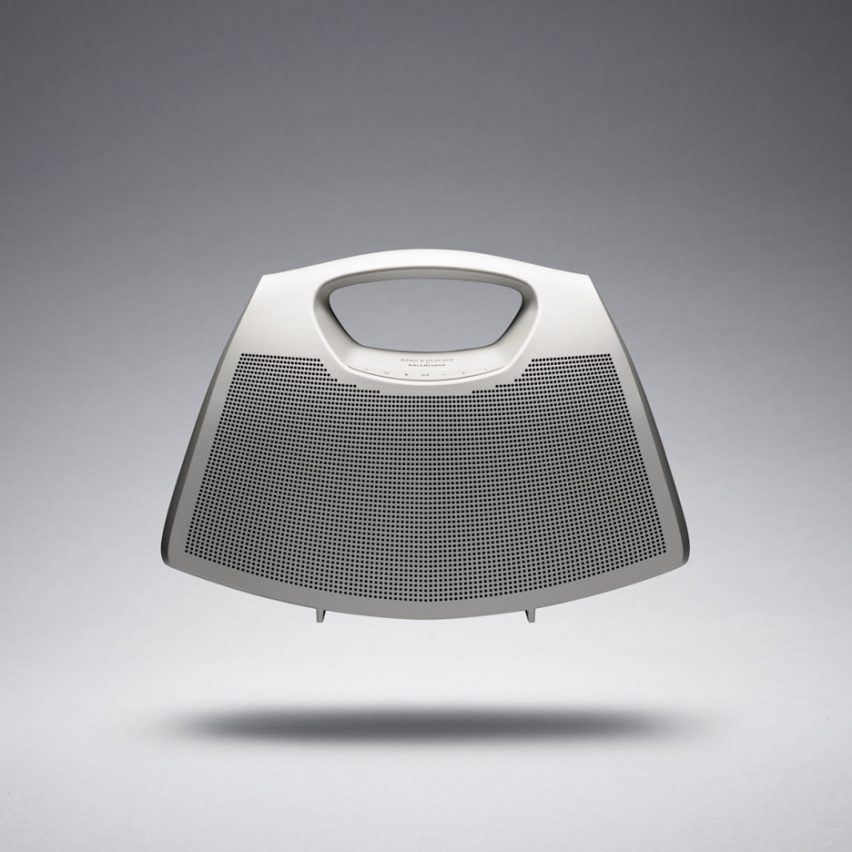 A silver speaker bag