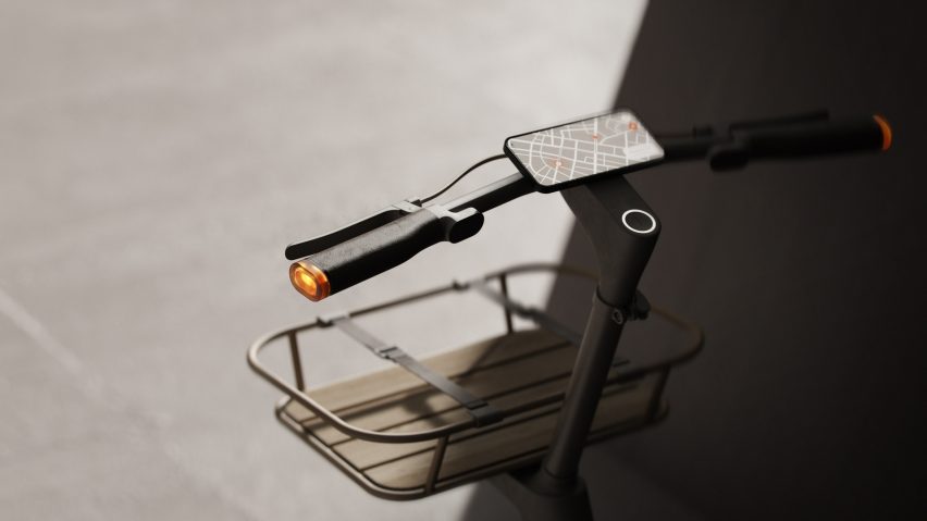 Pendler concept bike handlebars with integrated indicator lights, phone dock and front basket