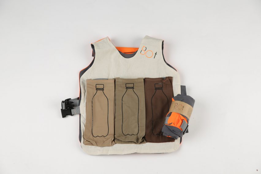 Life vest with the outline of three bottles printed on pockets on the front