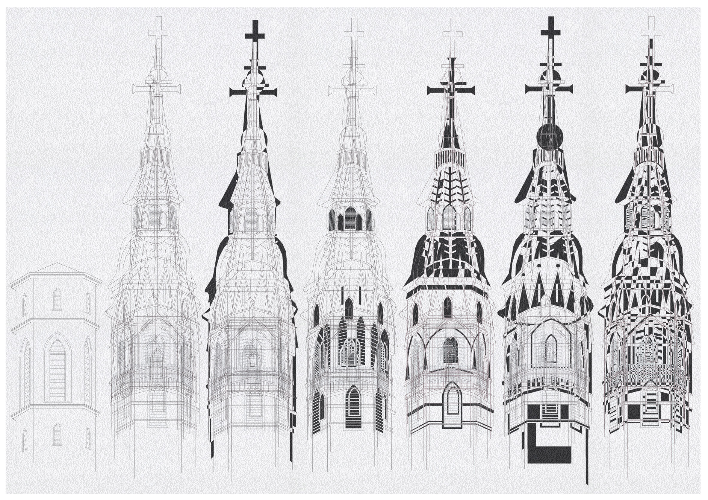 Line drawing of church and building spires and towers in a row