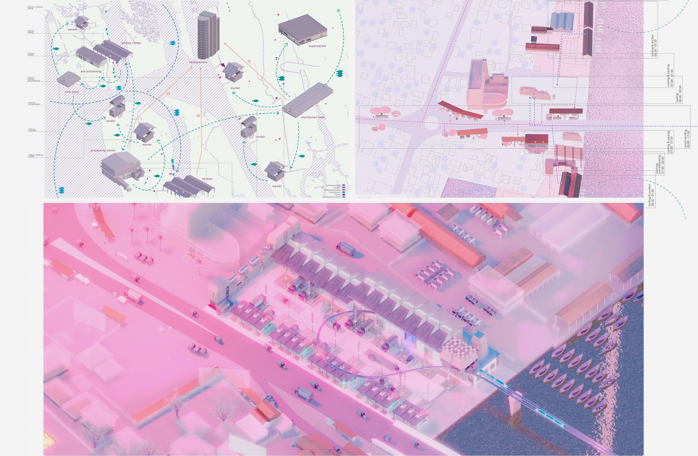 Pink and purple-hued series of architectural diagrams