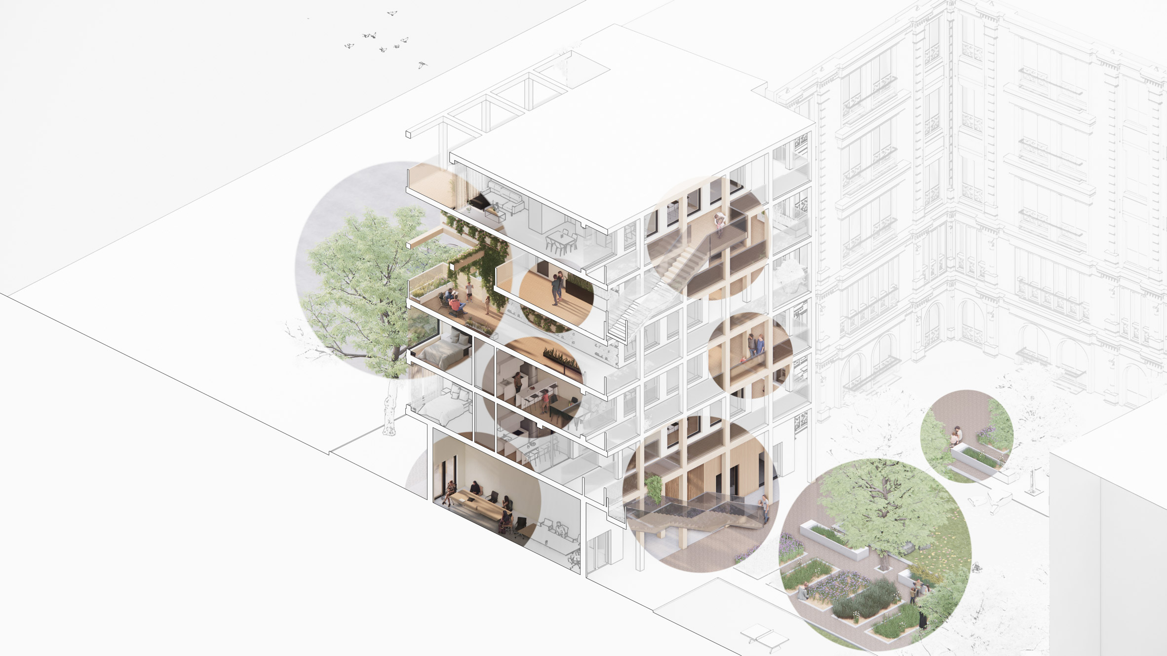 Black and white architectural drawing with circular cutouts highlighting details in full colour