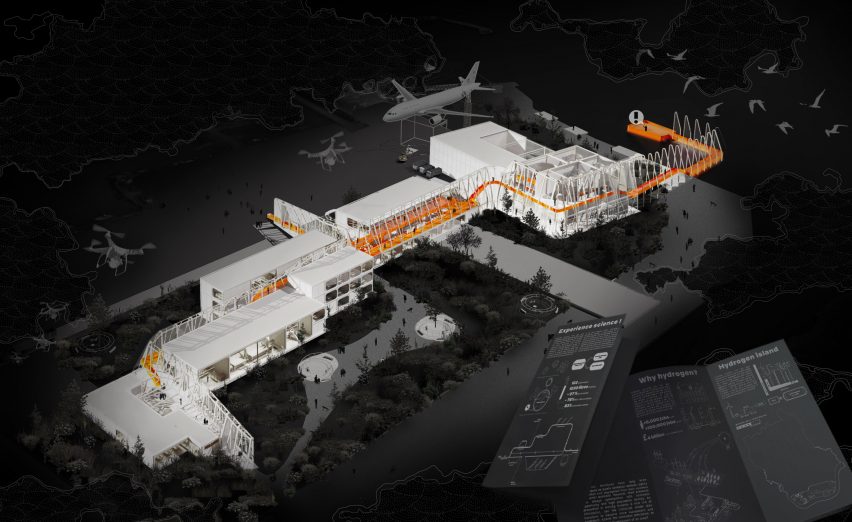 3D view of airport building with dark background and white/orange detail