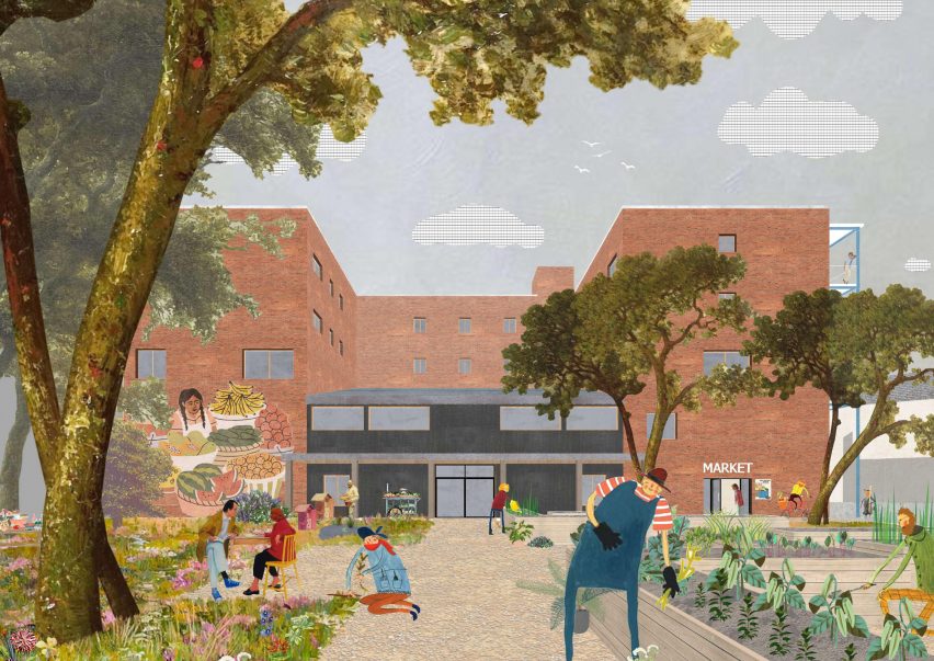 Collage render of a red brick building with people gardening in front