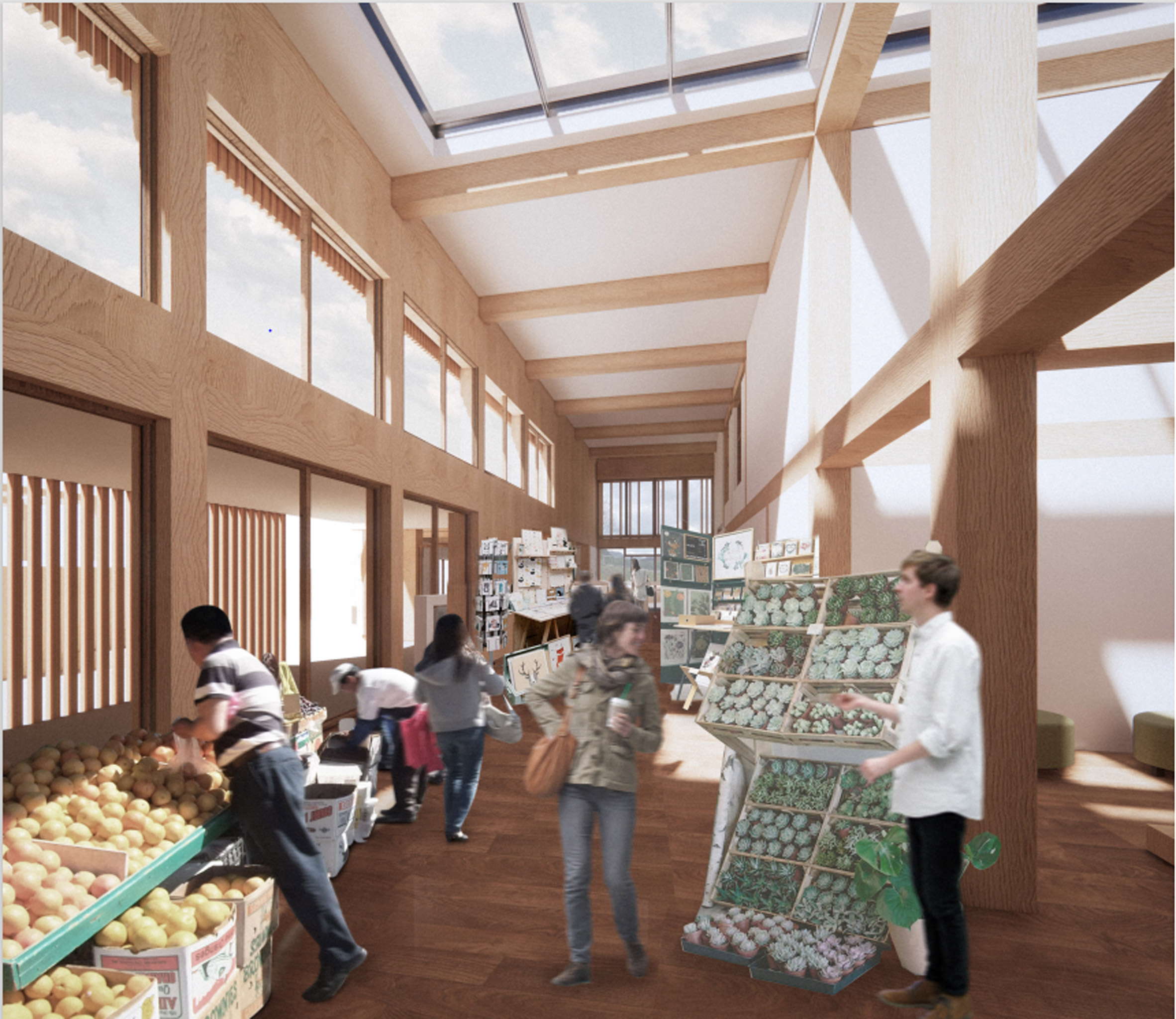 Interior render of a timber space with food stands