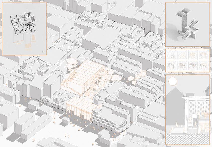 3D axonometric drawing with the site plan outlined in orange and annotative drawings