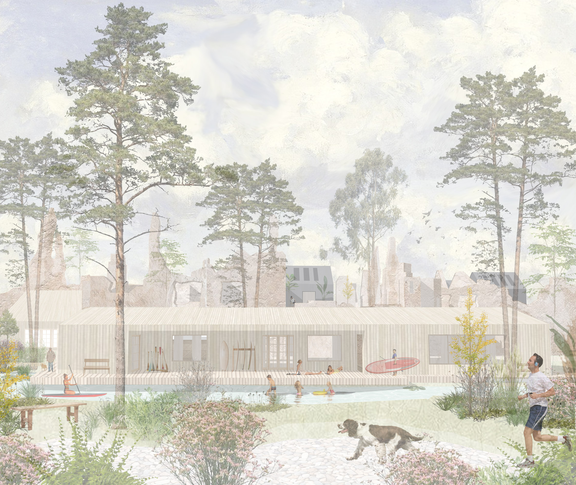 Pastel-toned render of a timber structure with a lake and planted surroundings
