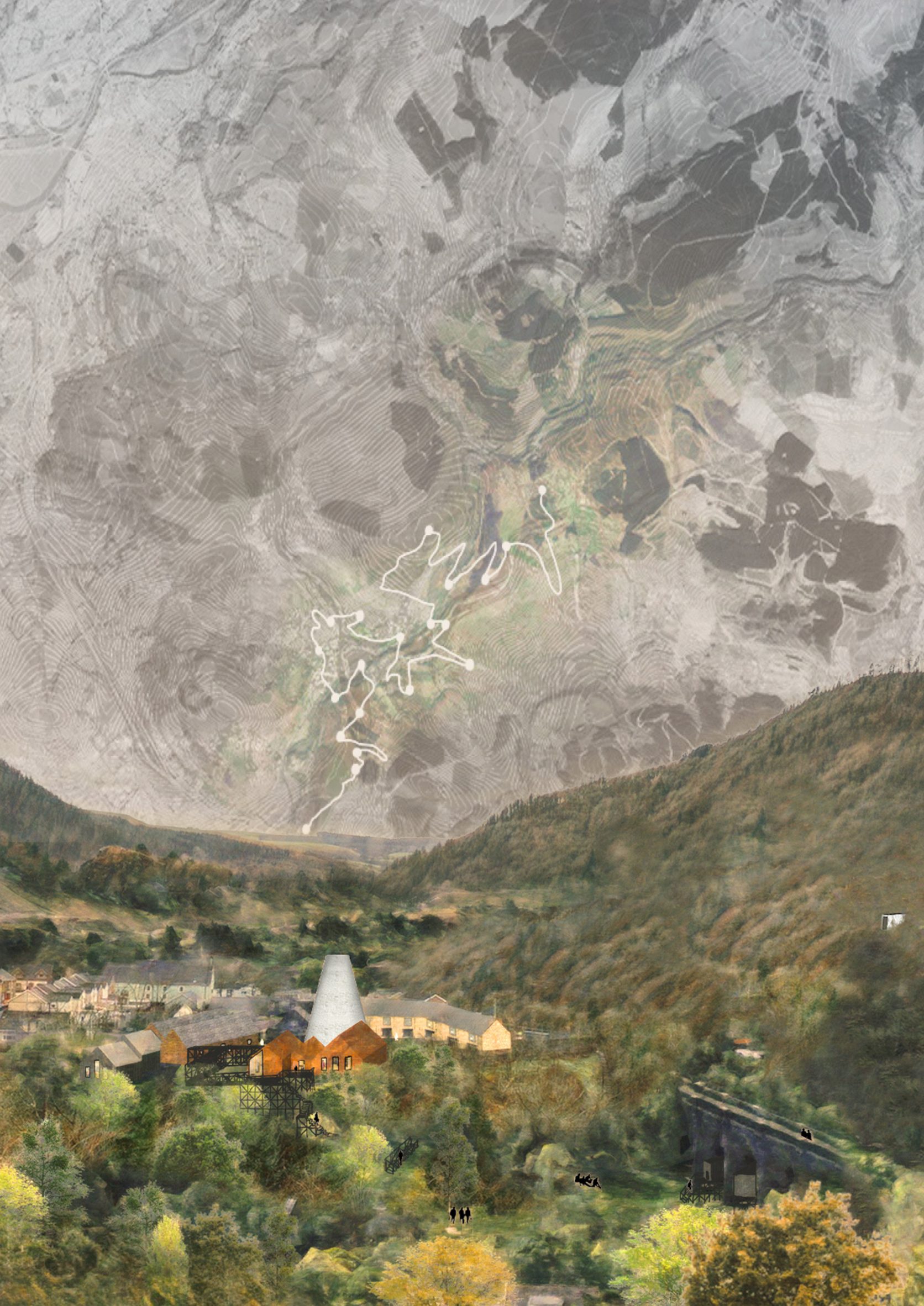 Collage render of factory and domestic buildings in a valley with a plan drawing overlayed on the sky