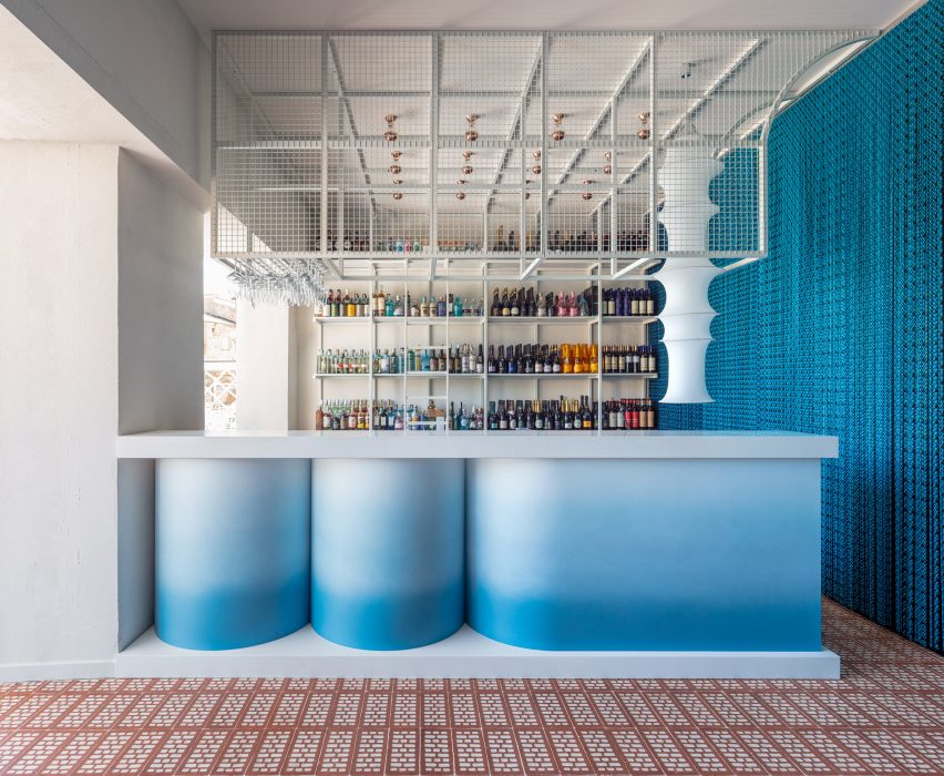 Gae Avitabile's Civico 29 interior with blue gradient-coated cocktail bar